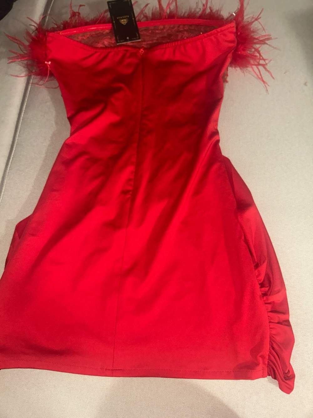 Strapless Red Feather & Rhinestone Mini Dress - Picture 4 of 4